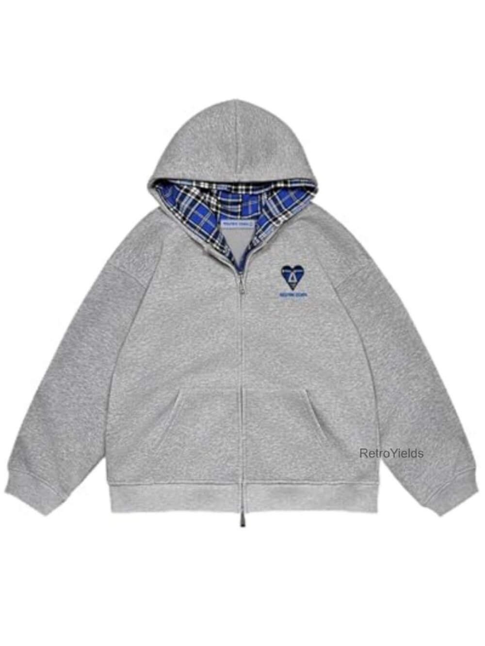 Y2K Plaid Lined Double Layer Zip Up Oversized Hoodie Jacket Unisex Cotton Blend